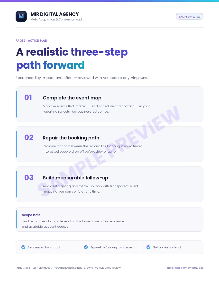 Audit page 3 preview — realistic three-step action plan