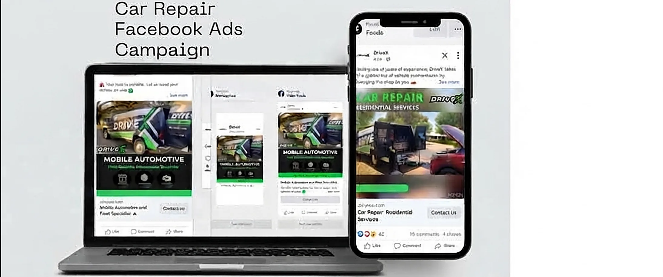 Car Repair Facebook Ads Campaign preview on laptop and phone — DriveX mobile automotive