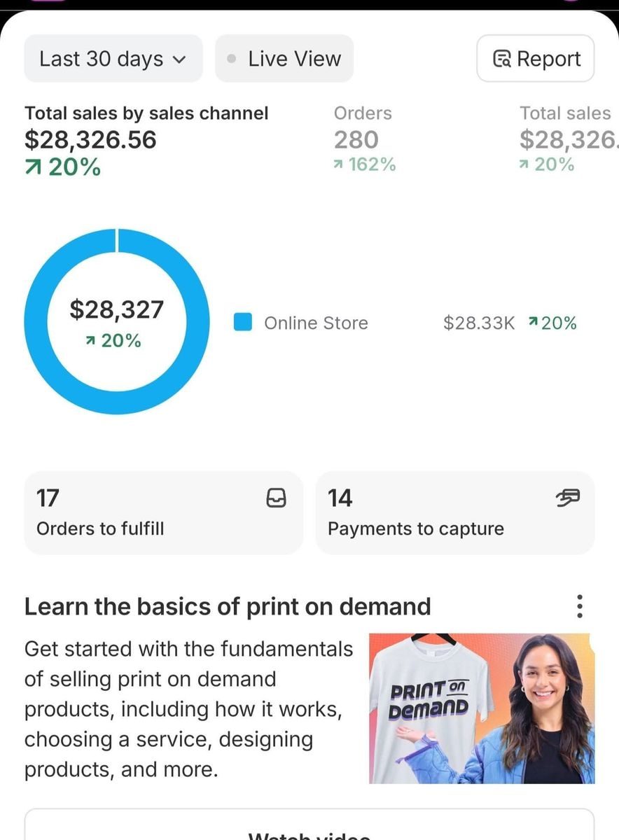 Shopify Report - 30-Day Channels — $28,326.56, +20%